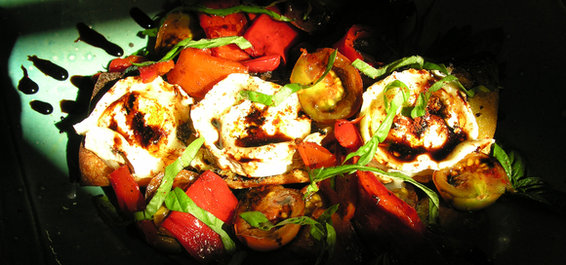Roasted red pepper and black cherry tomato bruschetta, Pollock style