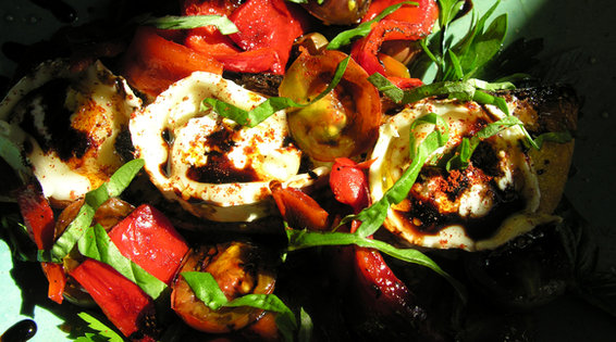 Roasted red pepper and black cherry tomato bruschetta, Pollock style