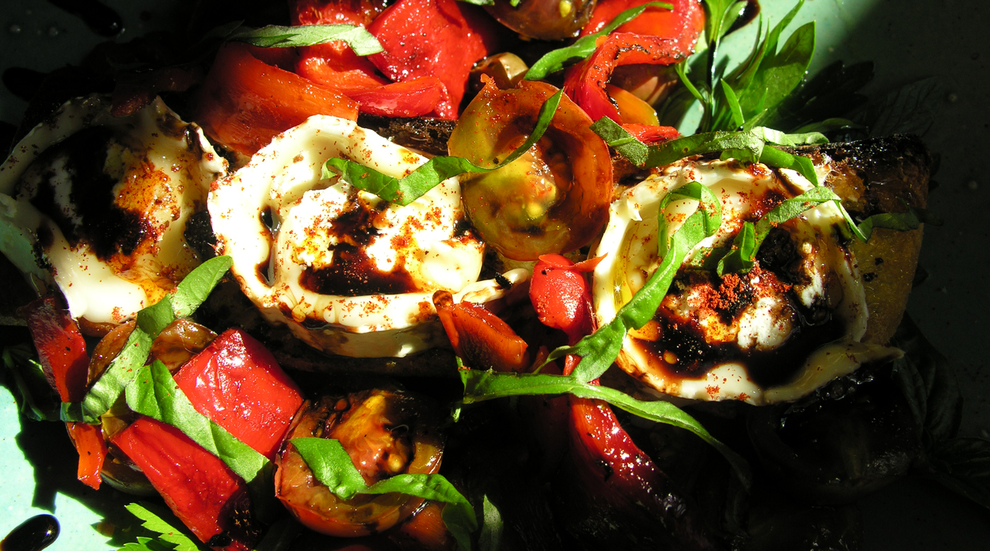 Roasted red pepper and black cherry tomato bruschetta, Pollock style