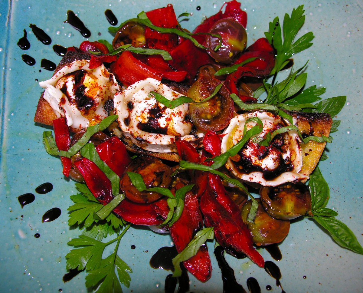Roasted red pepper and black cherry tomato bruschetta, Pollock style