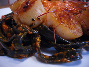 Tagliatelle Nero di Seppia with Roasted Red Pepper Pesto & Scallops
