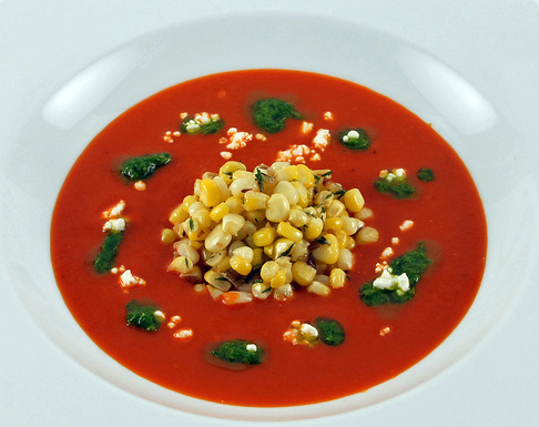 Roasted Red Pepper Soup with Corn and Cilantro