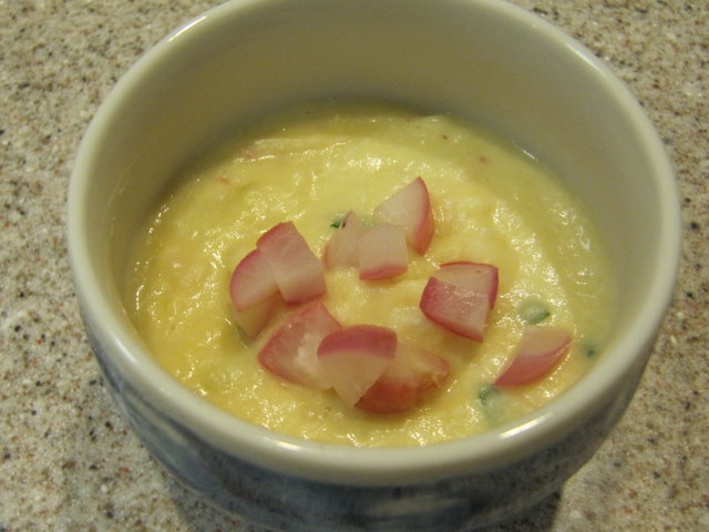 CSA Radish Soup with Potatoes, Turnips and Pink Peppercorn