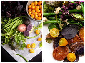 Mizuna & Haricot Vert Salad with Crispy Potatoes, Purple Basil, Cherry Tomatoes & Stilton
