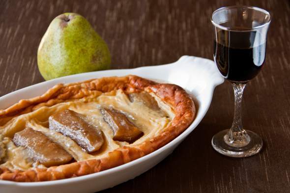 Poached pear clafoutis