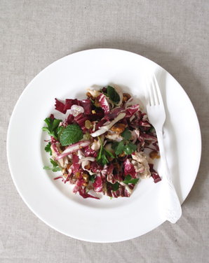 Chicken and Radicchio Salad  with Pickled Raisins + Walnuts