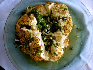 Roasted Cauliflower with Lemony, Garlicky and Capers Dressing 