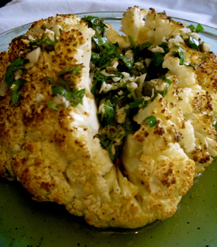 Roasted Cauliflower with Lemony, Garlicky and Capers Dressing 