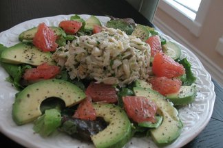Crab, avocado and pink grapefruit on a bed of romaine