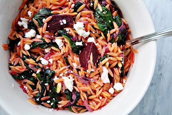 Warm Orzo Salad with Beets & Greens