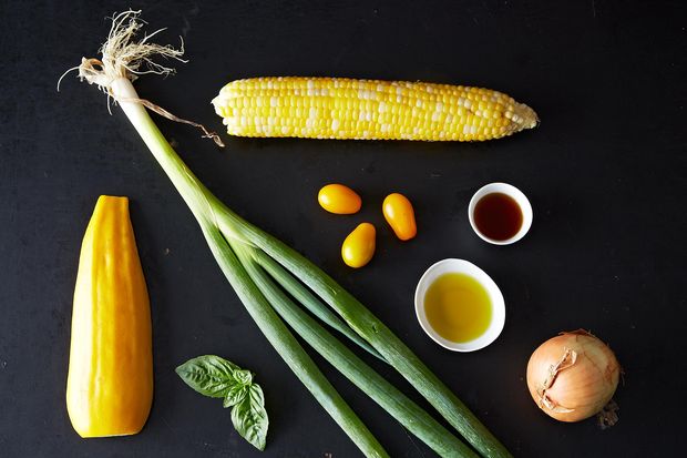 Tomato Salad with Corn, Summer Squash and Roasted Onions