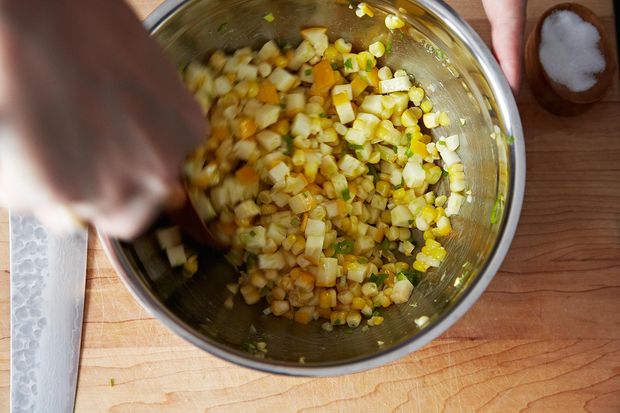 Tomato Salad with Corn, Summer Squash and Roasted Onions