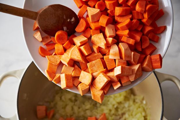 Carrot, Sweet Potato, and Red Lentil Soup with Moroccan Flavors