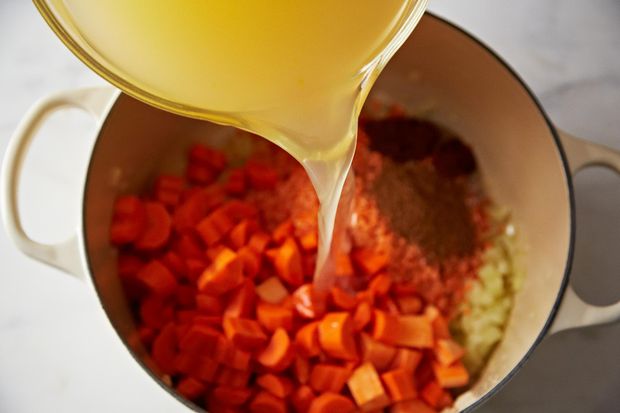 Carrot, Sweet Potato, and Red Lentil Soup with Moroccan Flavors