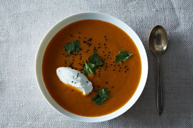 Carrot, Sweet Potato, and Red Lentil Soup with Moroccan Flavors