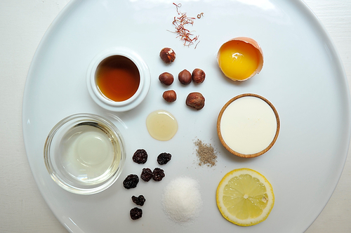 Saffron Semifreddo with Cherry-Cardamom Syrup and Salted Honey-Hazelnuts