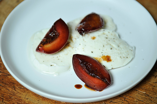 Buffalo Mozzarella with Balsamic Glazed Plums, Pine Nuts and Mint