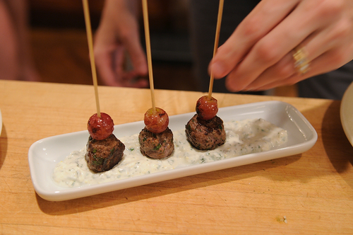Kefta-Style Meatballs with Grilled Grapes and Yogurt Sauce