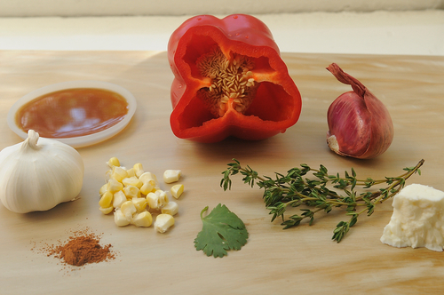 Roasted Red Pepper Soup with Corn and Cilantro