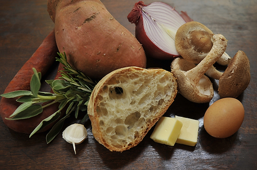 Ciabatta Stuffing with Chorizo, Sweet Potato, and Mushrooms