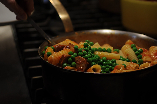 Rigatoni with Sausage, Peas and Fresh Ricotta