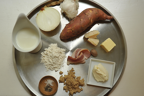 Individual Sweet Potato Gratins with Creme Fraiche, Onions, and Bacon