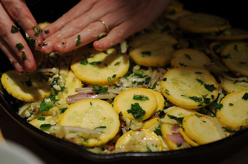 Summer Squash Gratin with Salsa Verde and Gruyere