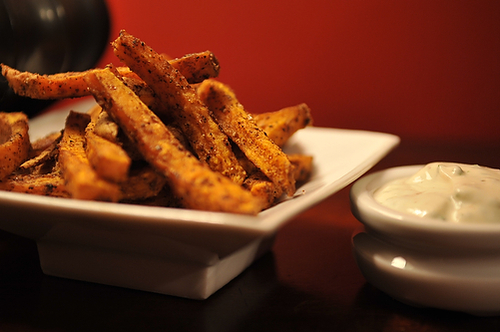 Southwestern Spiced Sweet Potato Fries with Chili-Cilantro Sour Cream