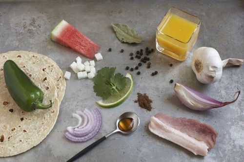 Braised Pork Belly Tacos with Watermelon, Jicama & Jalapeño Salsa