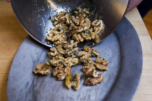 Kale with Pancetta, Cream and Toasted Rosemary Walnuts