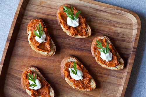 Roasted Carrot Harissa and Crème Fraiche Crostini