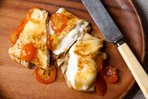 Orange Ricotta Pillows with Lillet Kumquat Compote