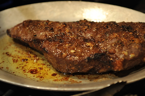 Broiled Spicy Steak with Garlic Chips on Gorgonzola Crostini