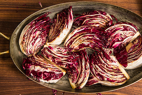 Roasted Radicchio and Shrimp with Warm Bacon Vinaigrette