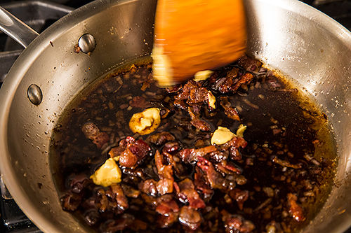 Roasted Radicchio and Shrimp with Warm Bacon Vinaigrette