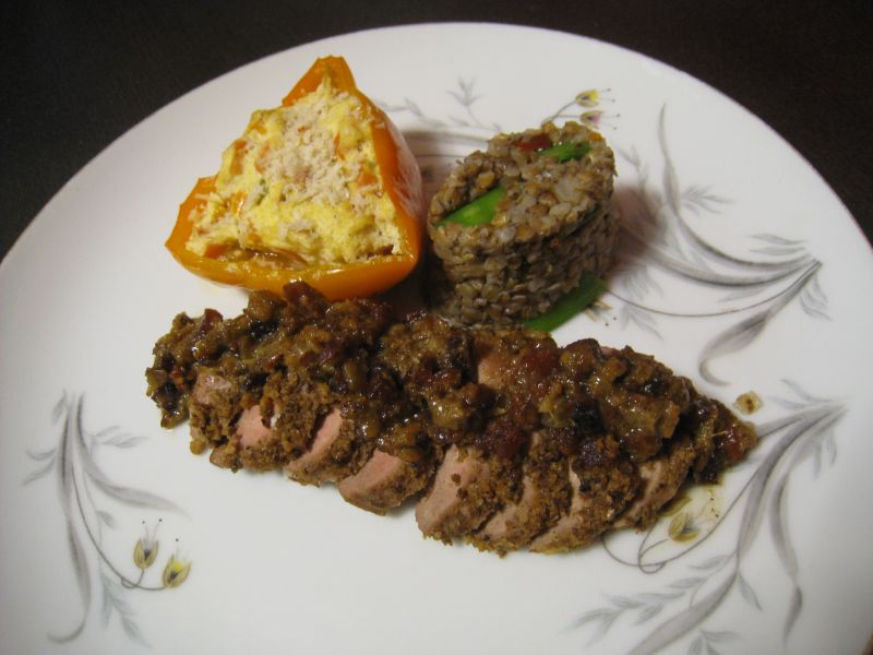 Andouille Crusted Duck, with Ricotta Stuffed Sweet Pepper, and Spicy Kasha with Sweet Snow Peas
