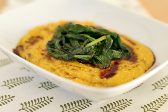 Creamy butternut squash polenta with spicy wilted spinach