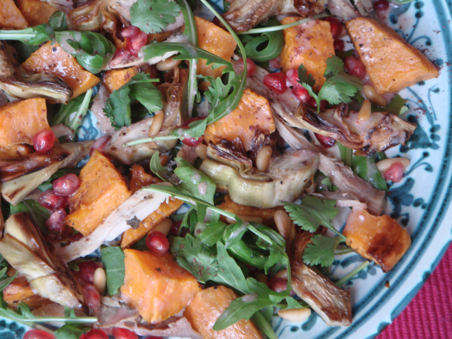 Autumn Salad with Artichokes, Sweet Potato, Arugula and Pomegranate