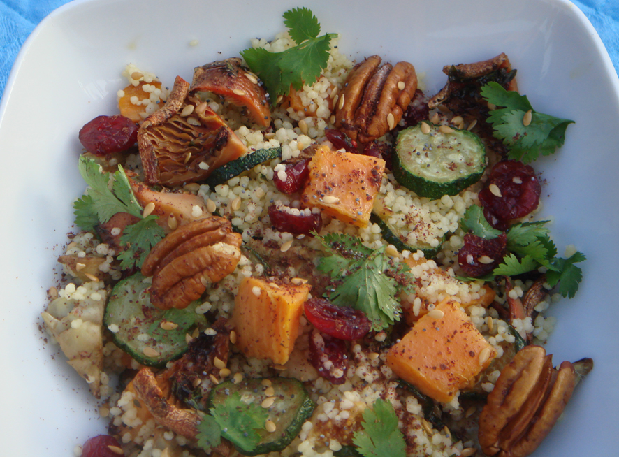 Saffron Couscous with Roast Autumn Vegetables, Pecans, Cranberries and