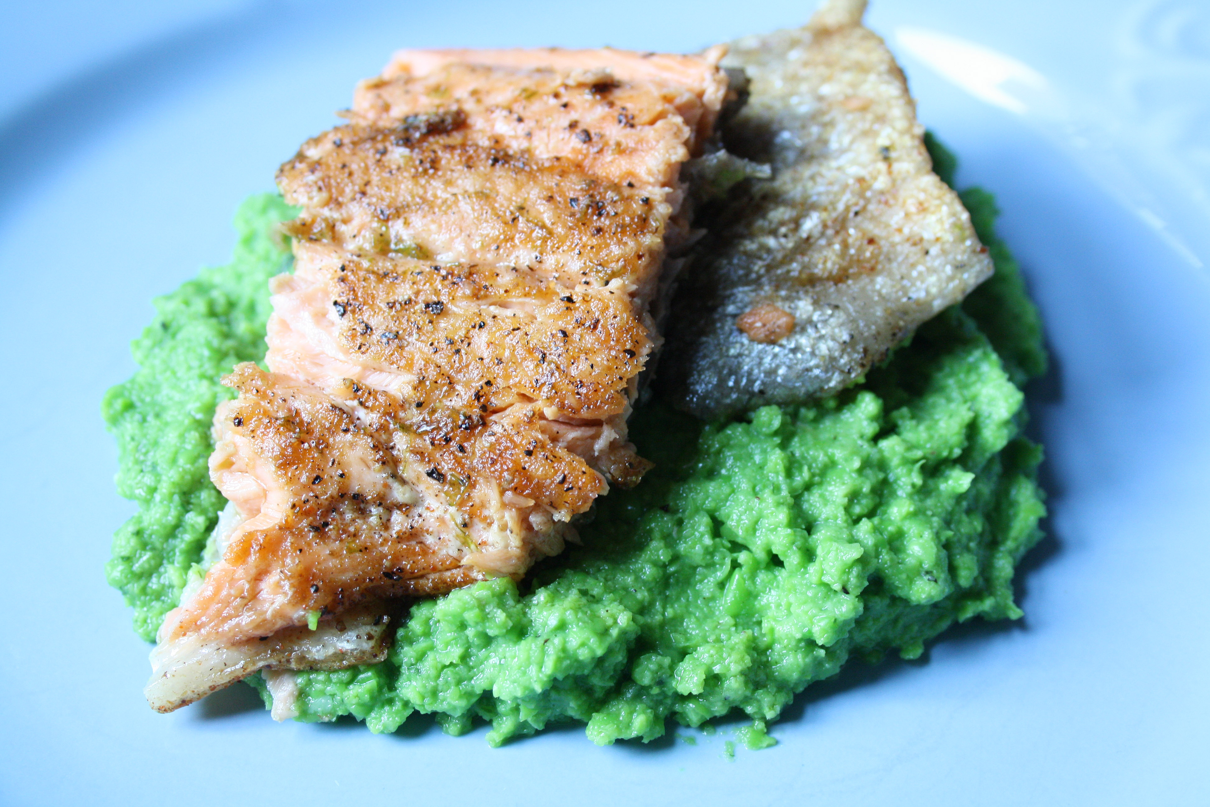 Pan-fried Rainbow Trout with Basil Pea Puree