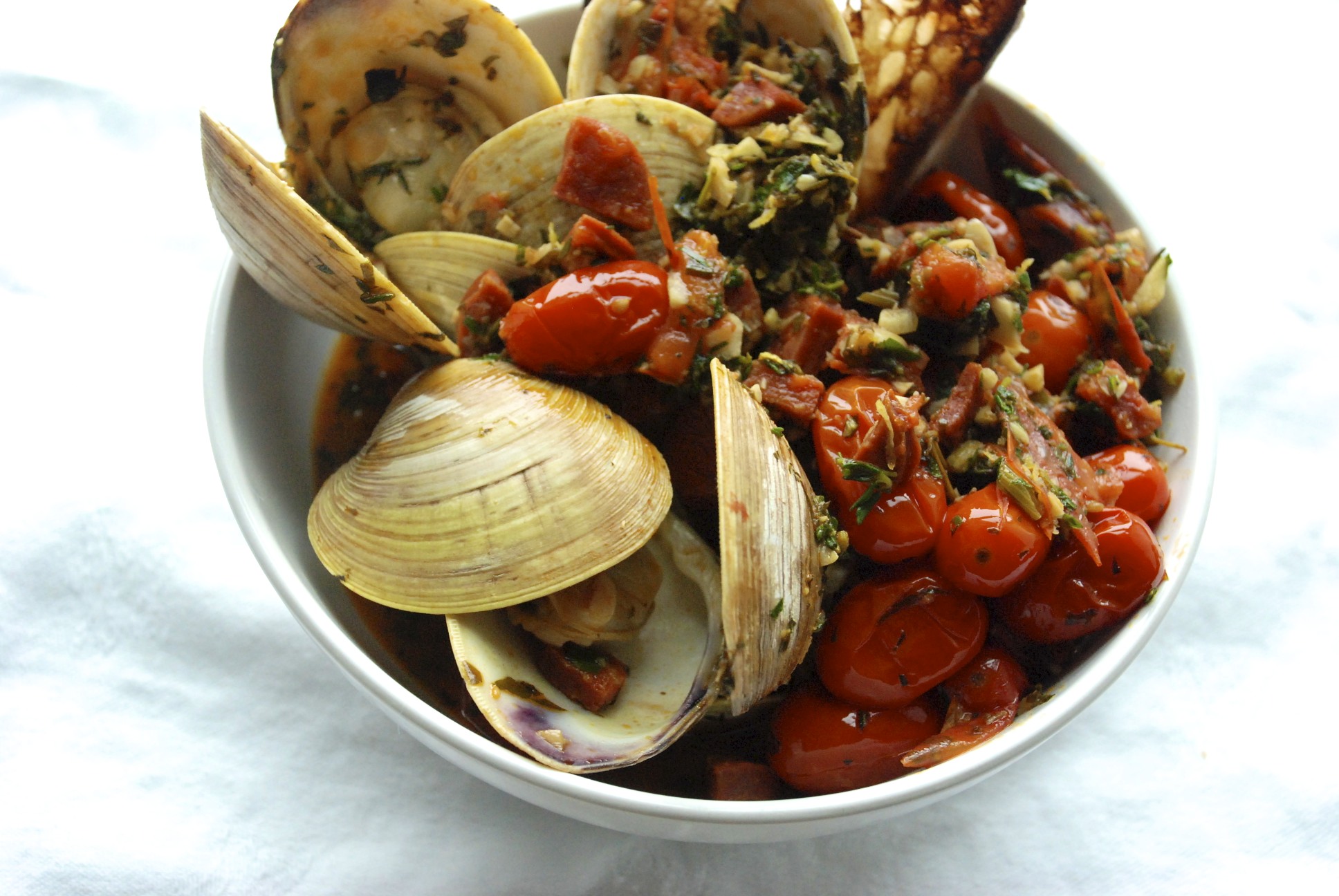 Clams with Grilled Chorizo & Charred Tomatoes Recipe on Food52
