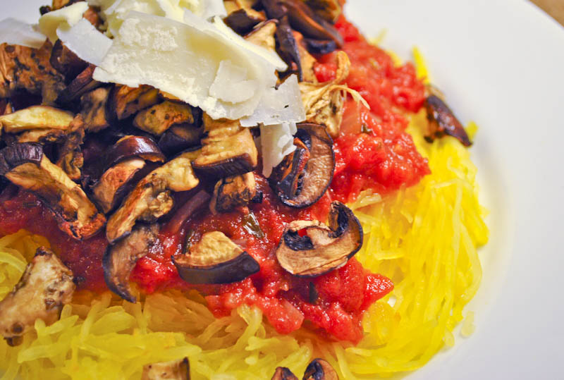 Spaghetti Squash with Roasted Eggplant, Mushrooms & Marinara
