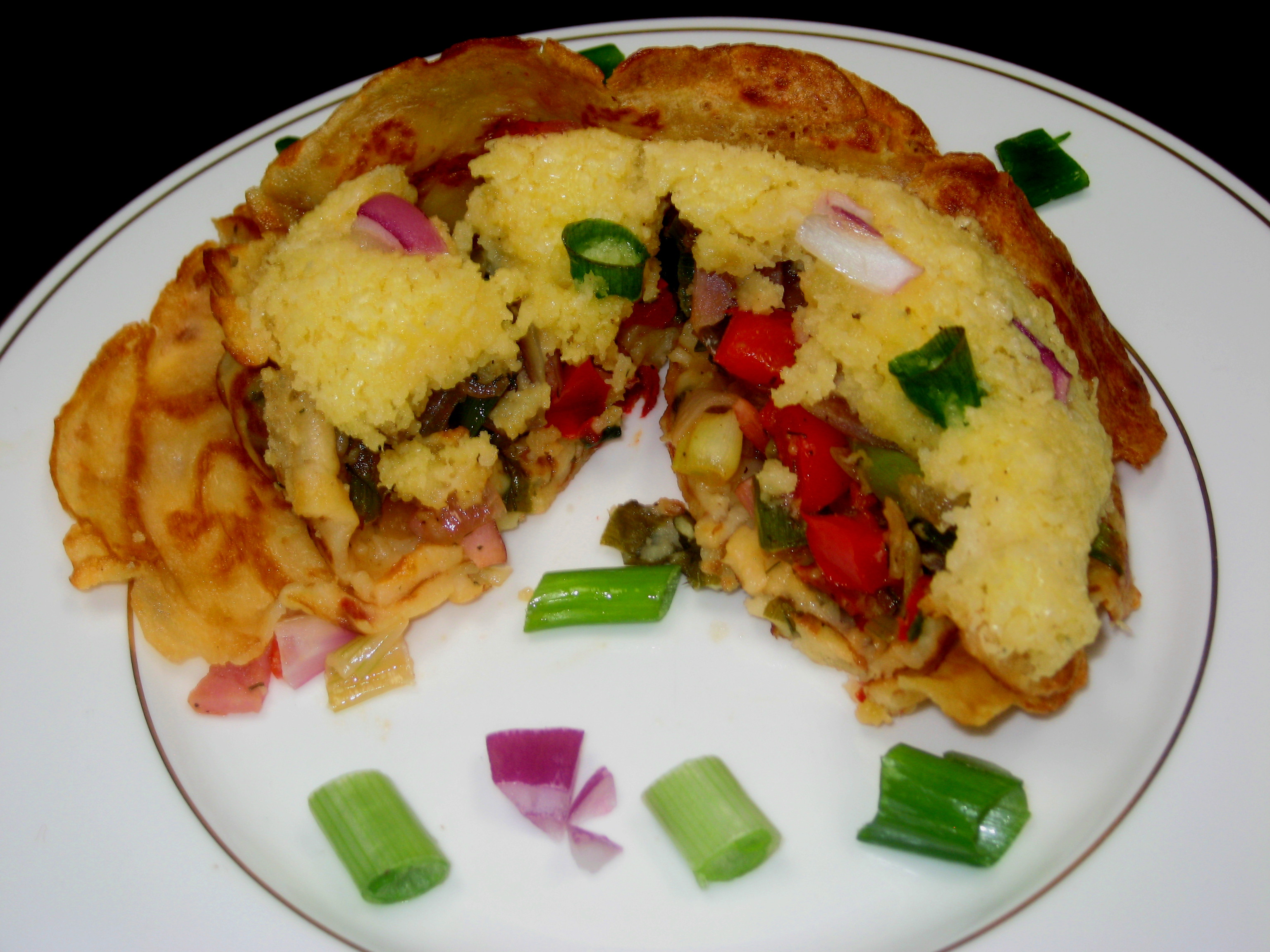 Scallion, Red Onion Mini Souffles in Red Pepper, Buttermilk Crepes