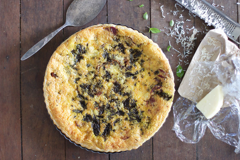 caramelised onion, goats cheese & cauliflower quiche