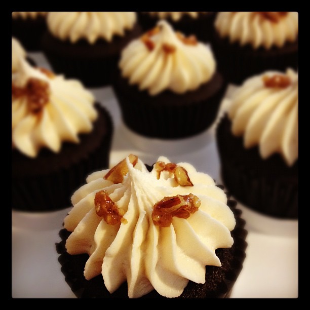 LaPhroaig Chocolate Cupcakes with Pecan Praline and Vanilla Buttercream