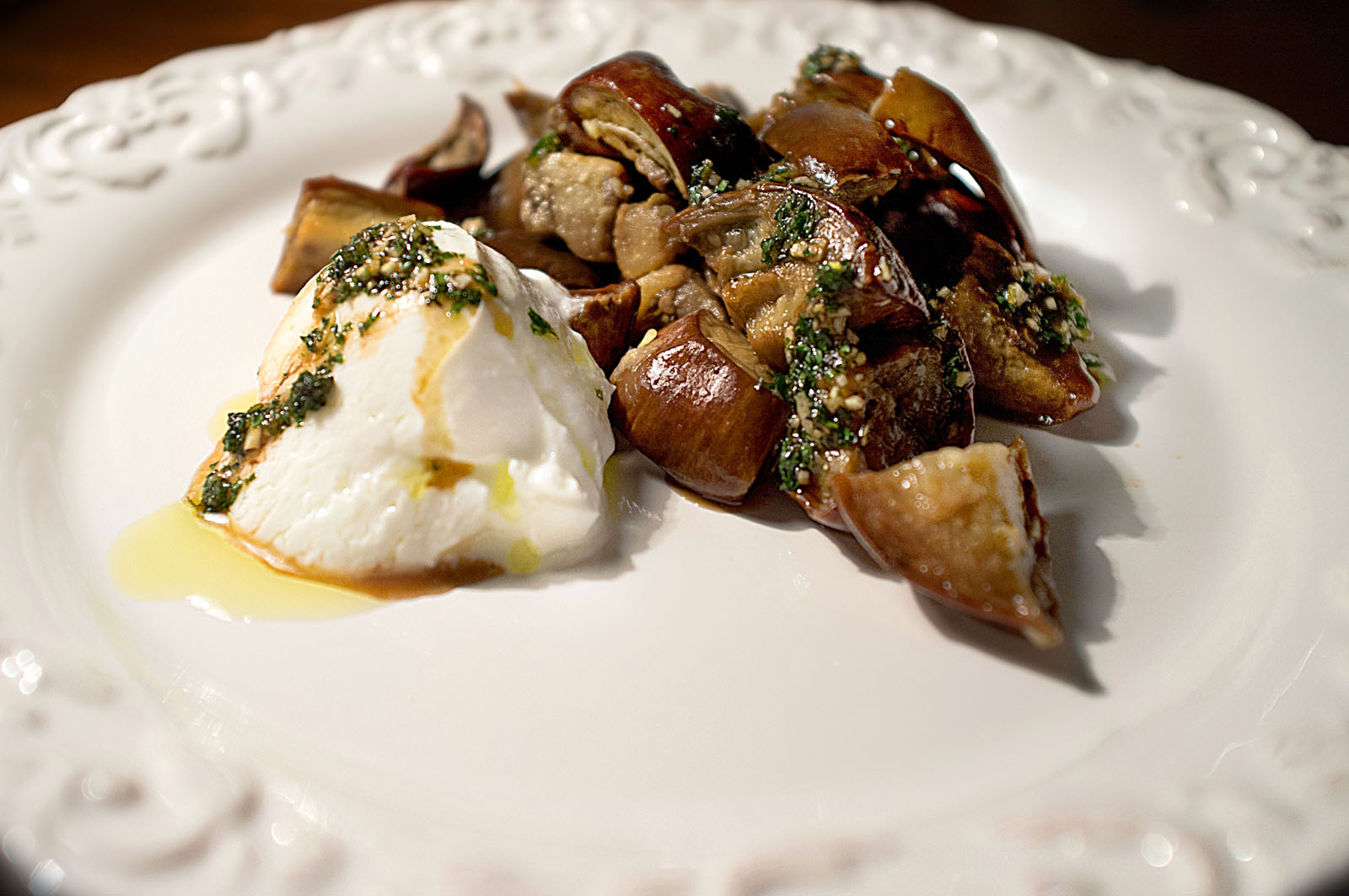 Eggplant Dice with Yogurt and Honey Mint Sauce