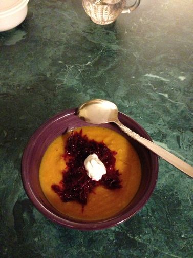 Carrot Ginger Soup with Roasted Roots and Rice