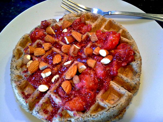 Lemon Poppy Seed Waffles with Strawberry Jam