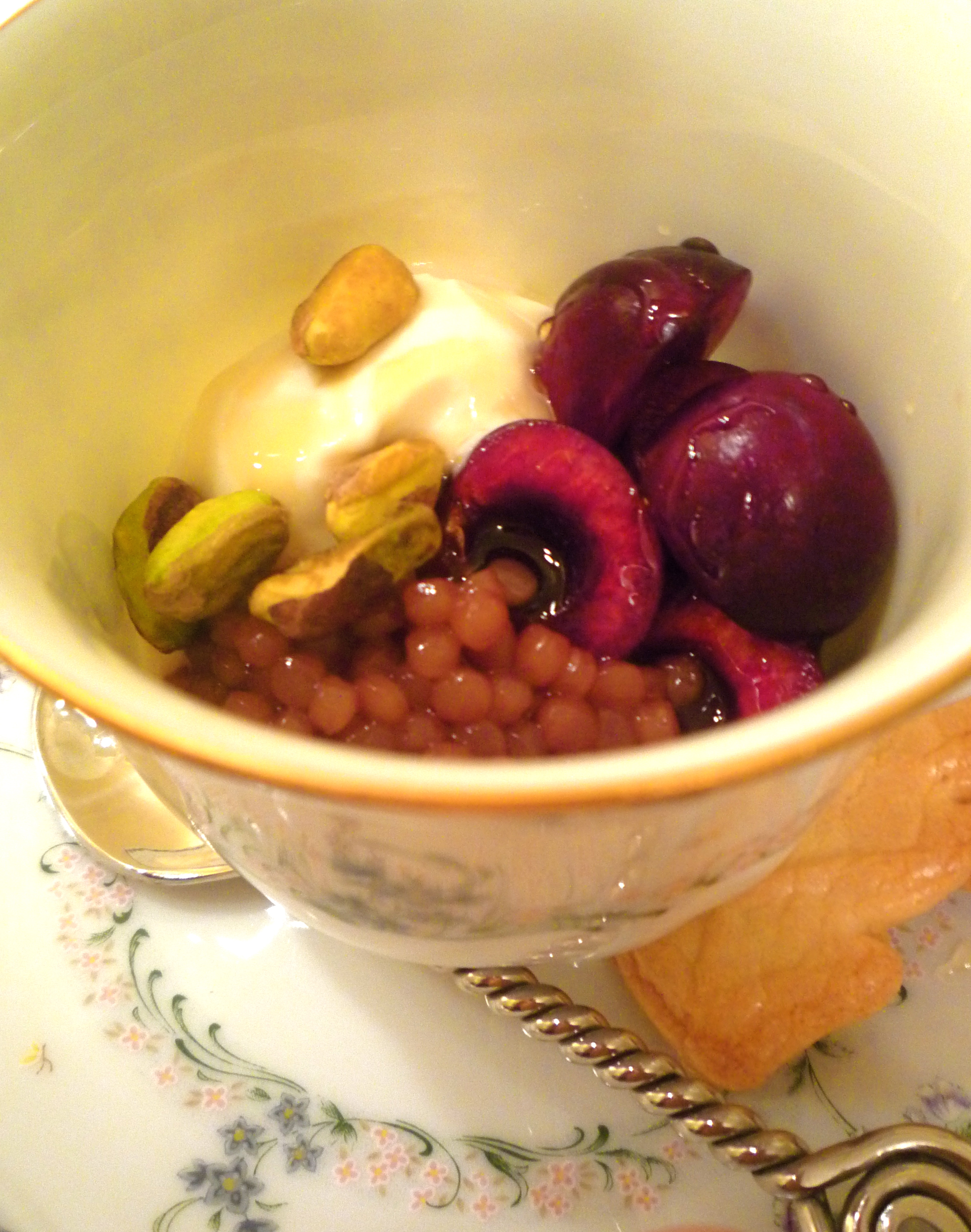Pomegranate Couscous with Honey Greek Yogurt, Cherries, and Pistachios