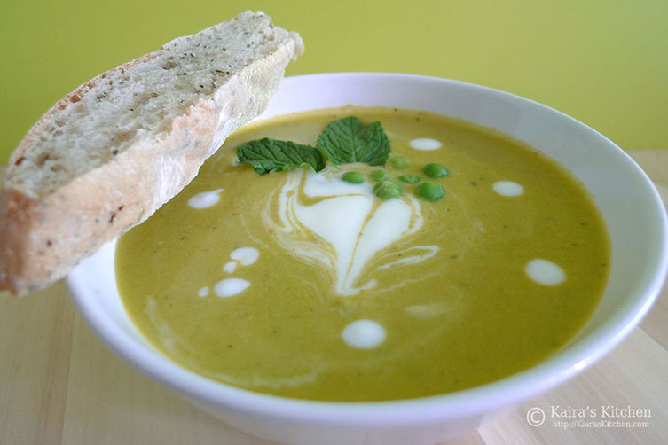 Creamy Roasted Carrot, Green Pea and Mint Soup